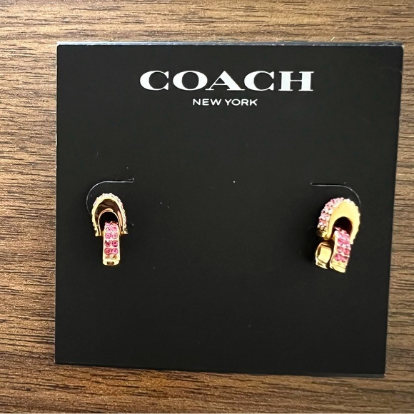 Coach Gold with Pink Crystal Double "C" Earrings NWT - Picture 1 of 5